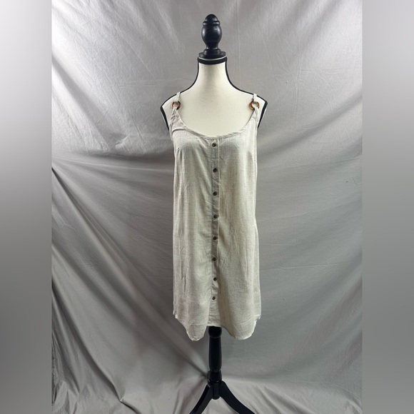 Oatmeal Linen Blend Button Front Mini Dress Spaghetti Strap - Picture 4 of 5